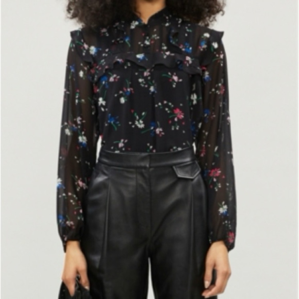 Maje Black Sleeveless Ruffled Button Down Shirt